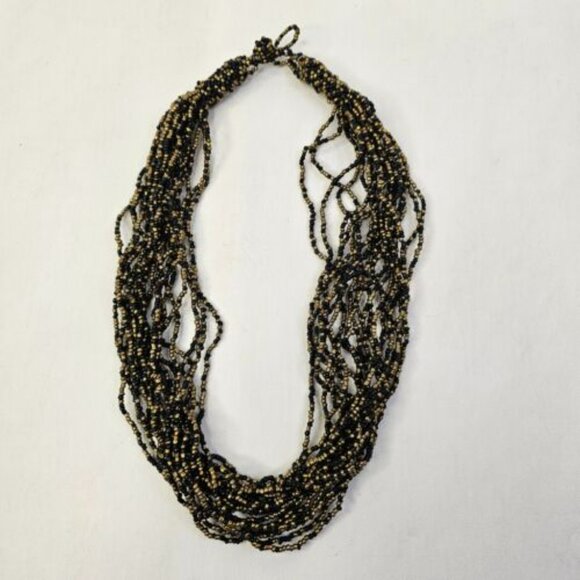 Necklace Multi Strand Seeded Beaded Pattern Golden Black Color Beads - Picture 6 of 7
